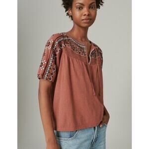 Lucky Brand Medium Women Short Sleeve Embroidered Swing Top Boho TS3